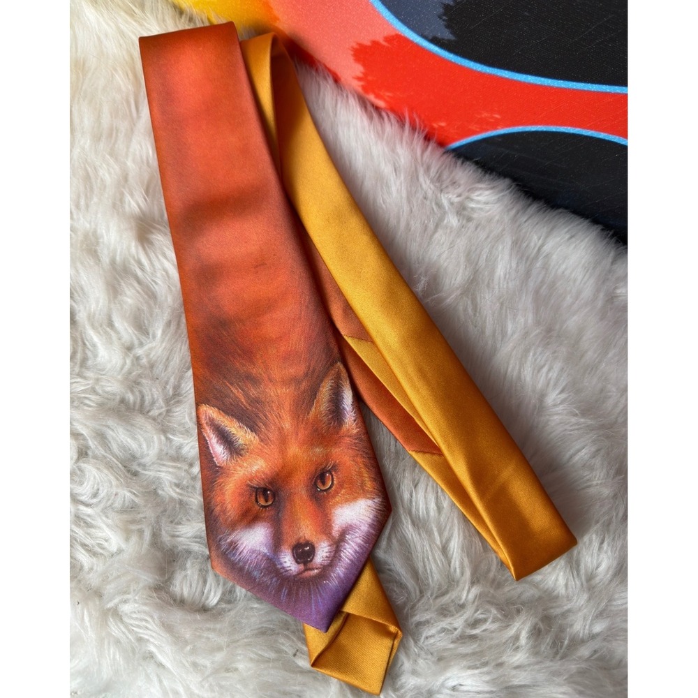 Vintage 1987 John Wang 51 Sales LA Red Fox Wildlife Portrait Orange Men's Tie